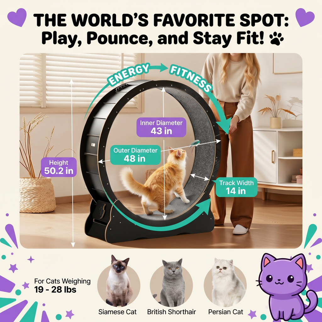 PawSquad cat exercise wheel dimensions - 48 inch outer diameter, fits cats up to 28 lbs