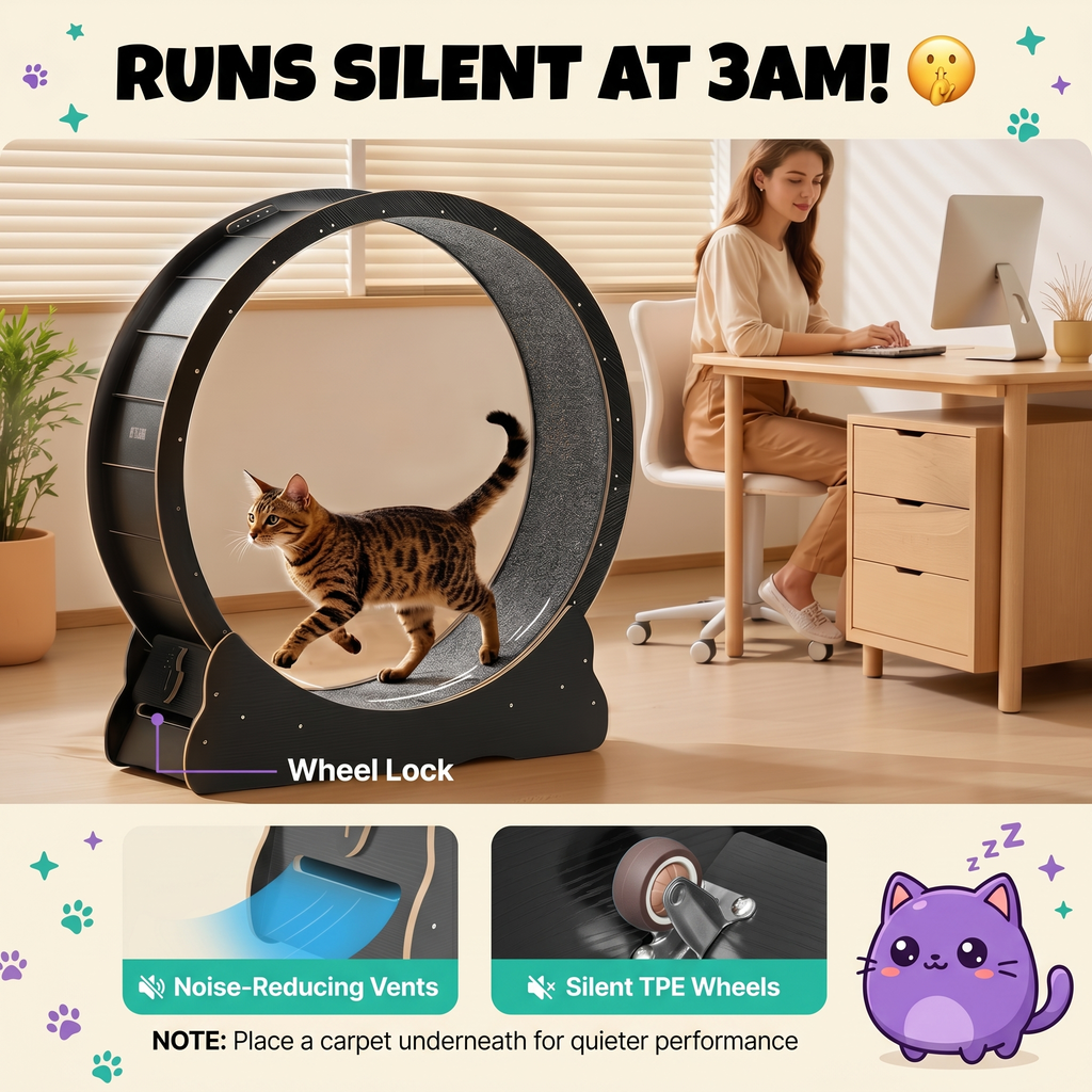 PawSquad cat wheel runs silent - noise reducing vents and silent TPE wheels