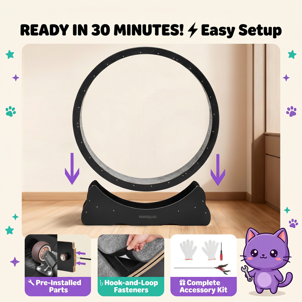 PawSquad cat exercise wheel easy assembly - ready in 30 minutes, pre-installed parts