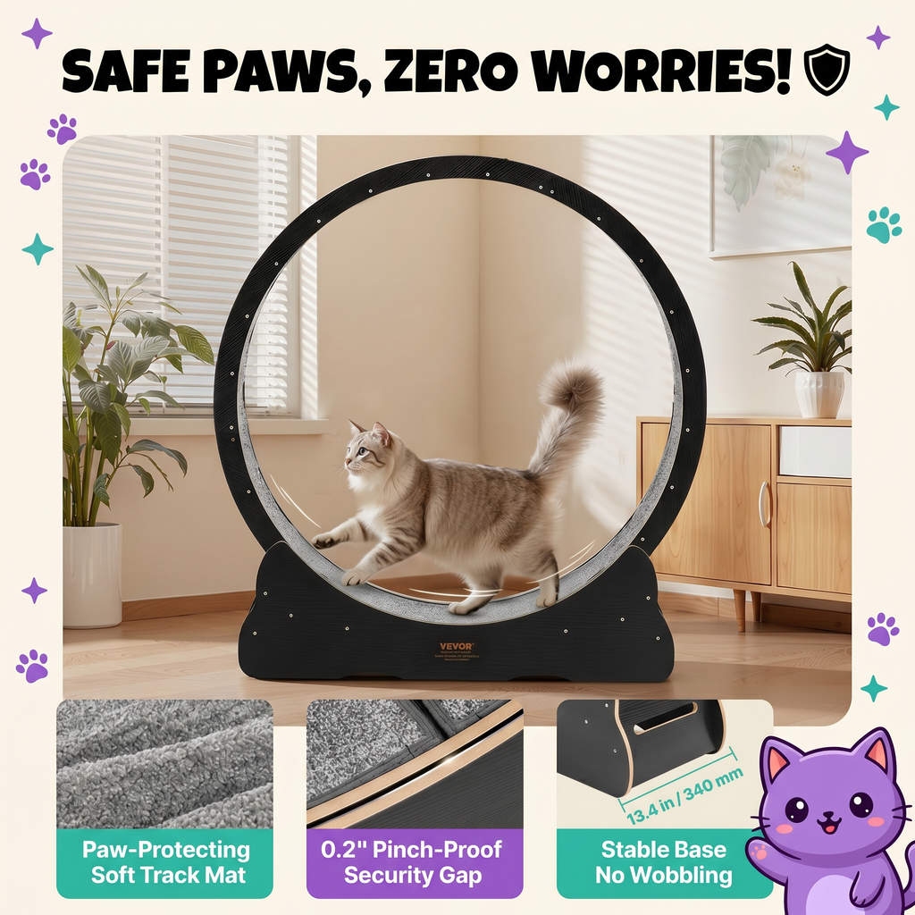 PawSquad cat exercise wheel safe paws - paw-protecting track mat, pinch-proof gap, stable base no wobbling